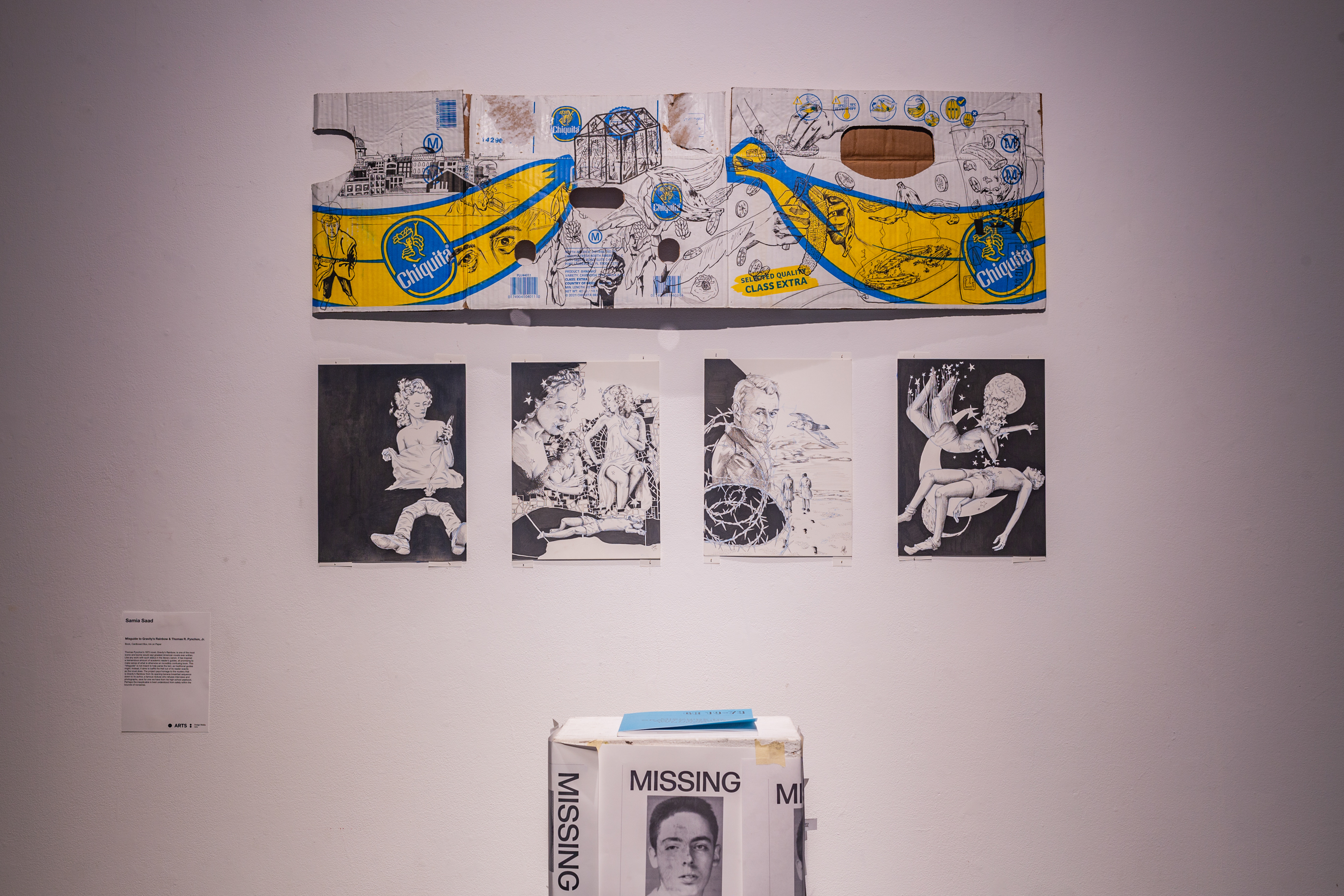 On the top, a cardboard box with a banana printed on it and other illustrations drawn over it. Below that are four inked illustrations, and below that is a podium with multiple fabricated missing person posters. On the podium is a book.